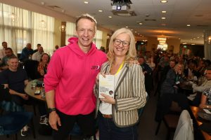 NCBC Guest Speaker Richard Whitehead MBE hands over the book of the month prize to Michelle Briggs Counselling West Bridgford (Woodhouse May Ltd)